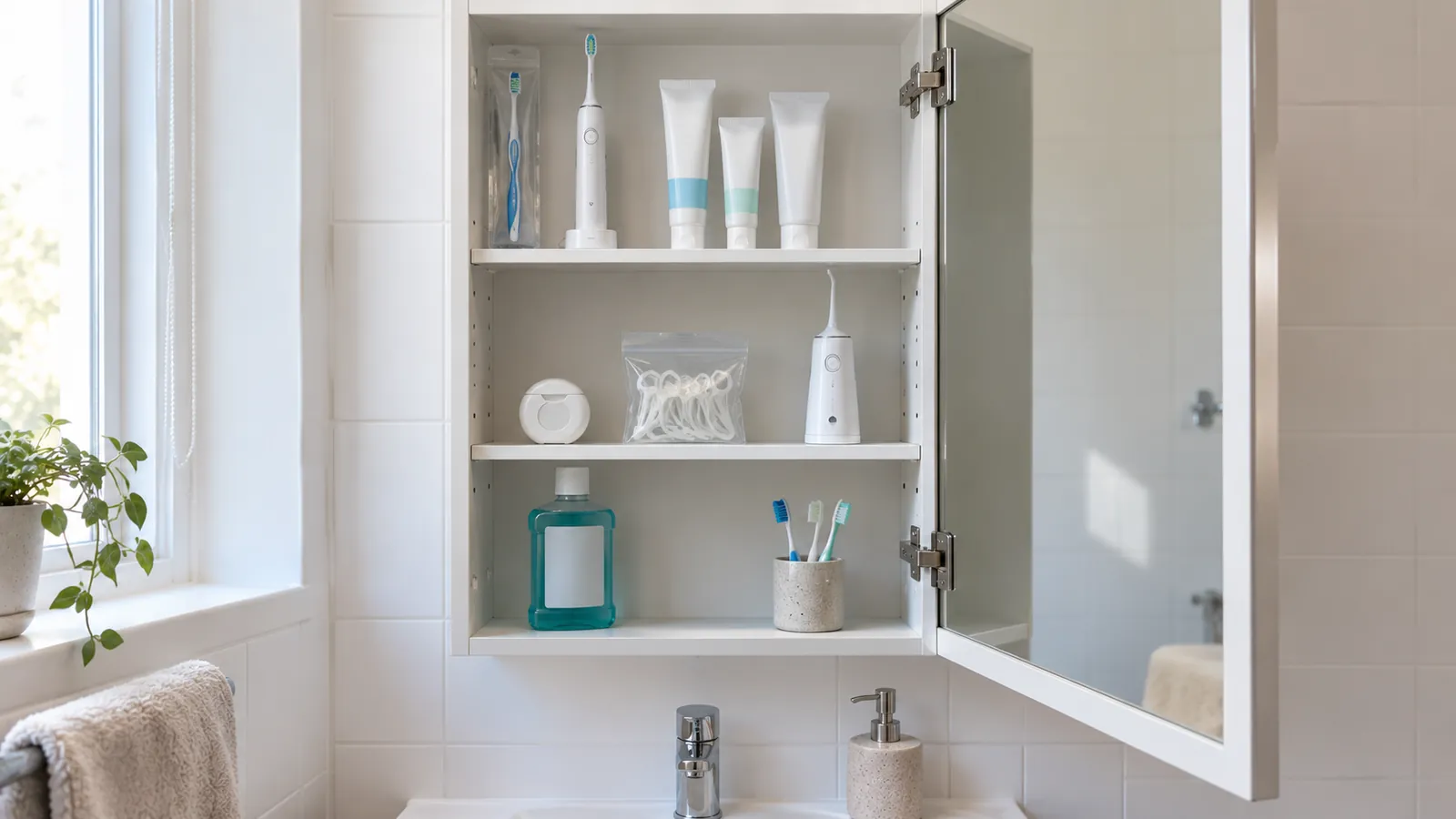 An open bathroom cabinet with shelves of toothpaste, floss, a water flosser and mouthwash