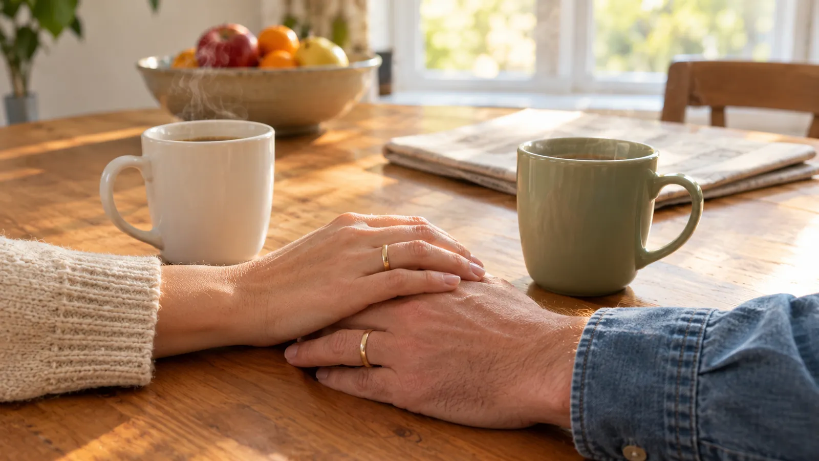 A couple's hands resting together between two coffee mugs on a kitchen table