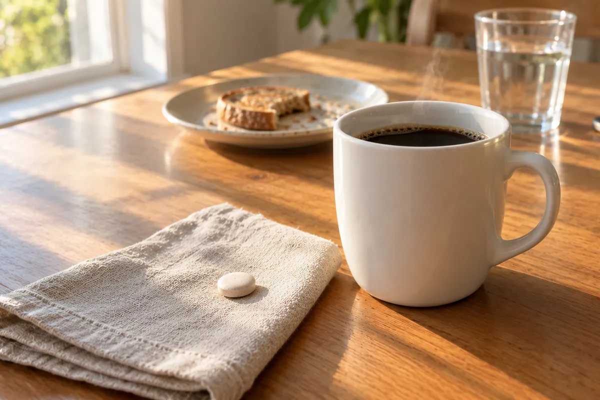 A small chewable tablet next to a mug of coffee on a kitchen table in the morning