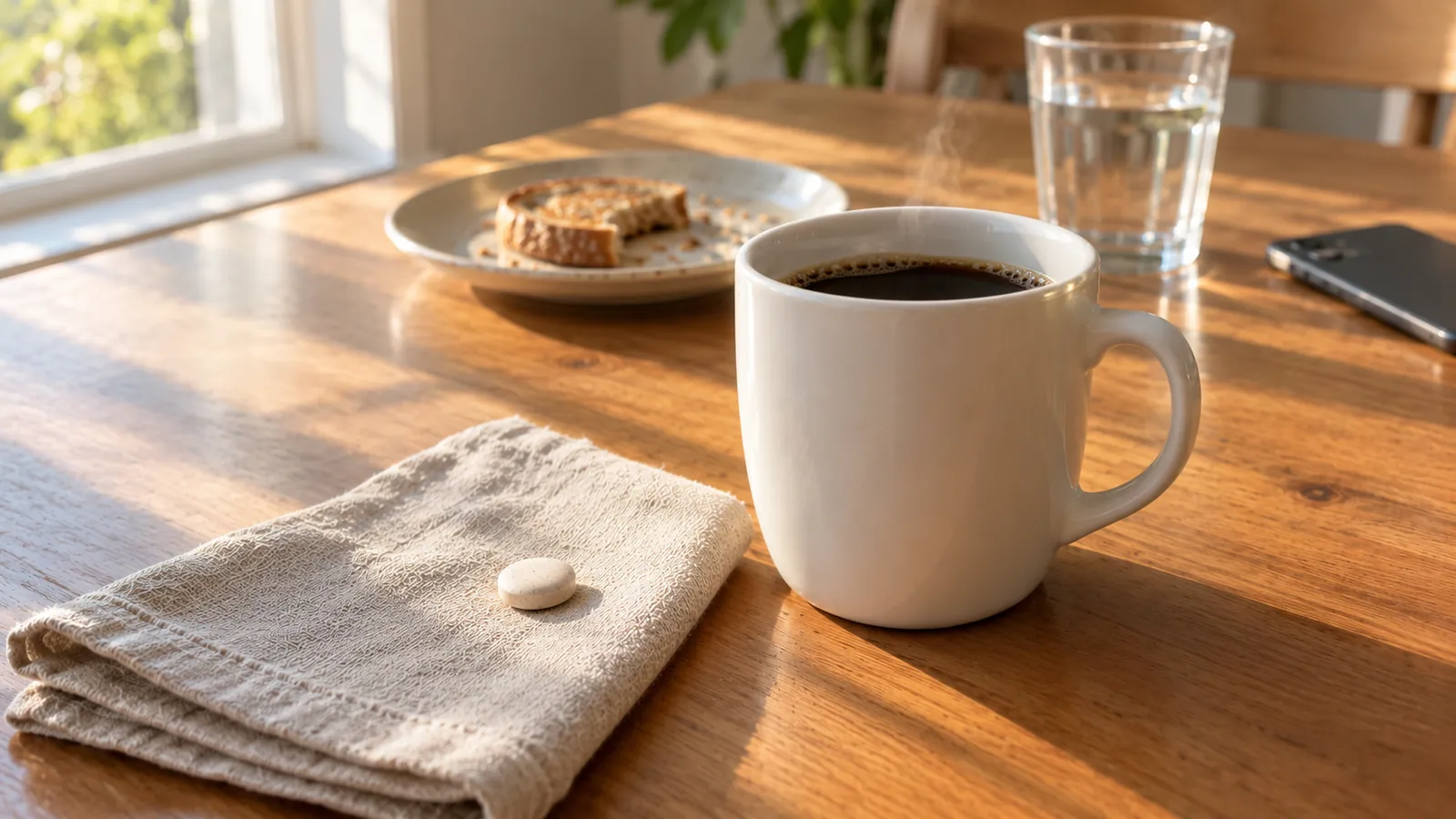 A small chewable tablet next to a mug of coffee on a kitchen table in the morning